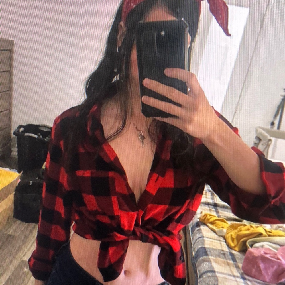 Red and Black Crop Tie Front Button Down Shirt